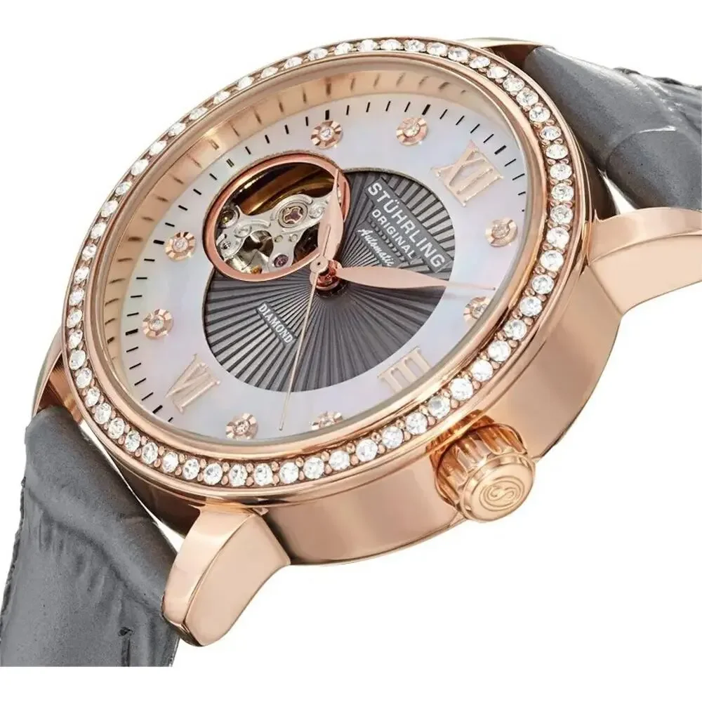 Stührling Original Women’s Automatic Analog Watch Rose Gold Gray Leather w/ Box